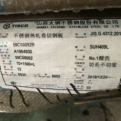 La plaque d'acier inoxydable 1D de SUH409L a fini les plats laminés à chaud de l'acier inoxydable 409L de 3-10mm