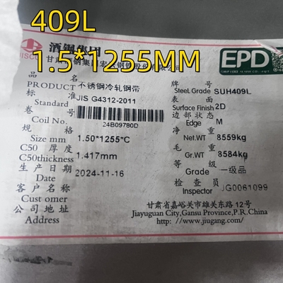 JIS G4312 SUH409L SUS409L tôle en acier inoxydable laminée à froid 1,5 mm Finition 2D Pour les systèmes d'échappement