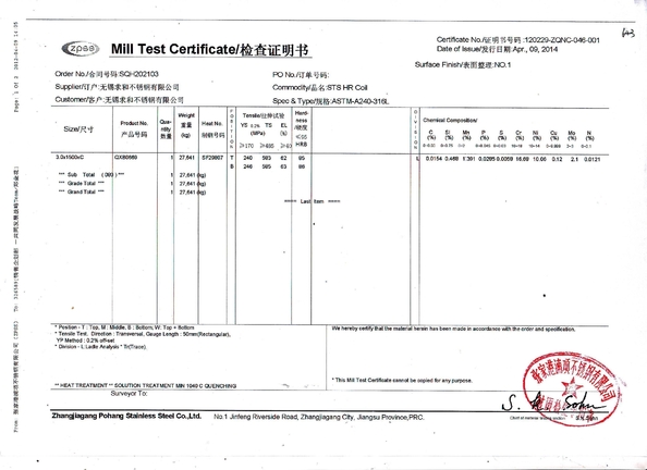 Chine JIANGSU MITTEL STEEL INDUSTRIAL LIMITED Certifications