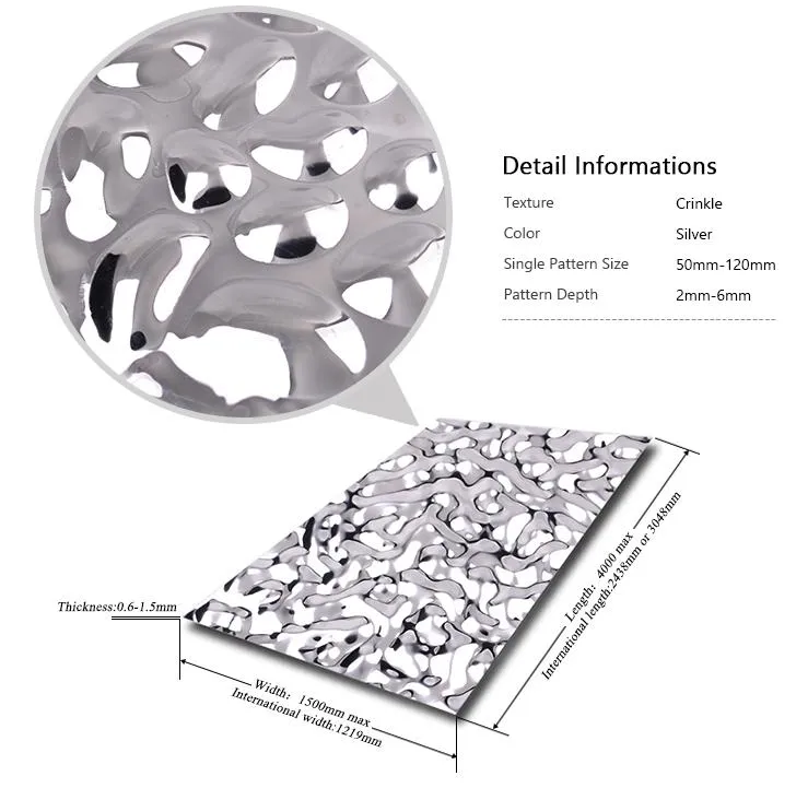 Métal 304 201 en acier inoxydable feuille ondulée d'eau de mur panneau de décoration métallique 0,6 * 1219 * 2438mm 0